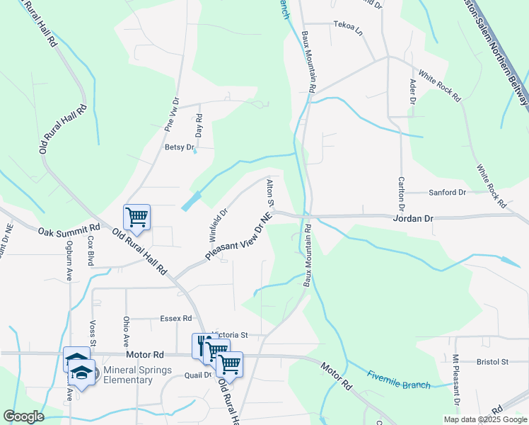 map of restaurants, bars, coffee shops, grocery stores, and more near 1315 Pleasant View Drive Northeast in Winston-Salem