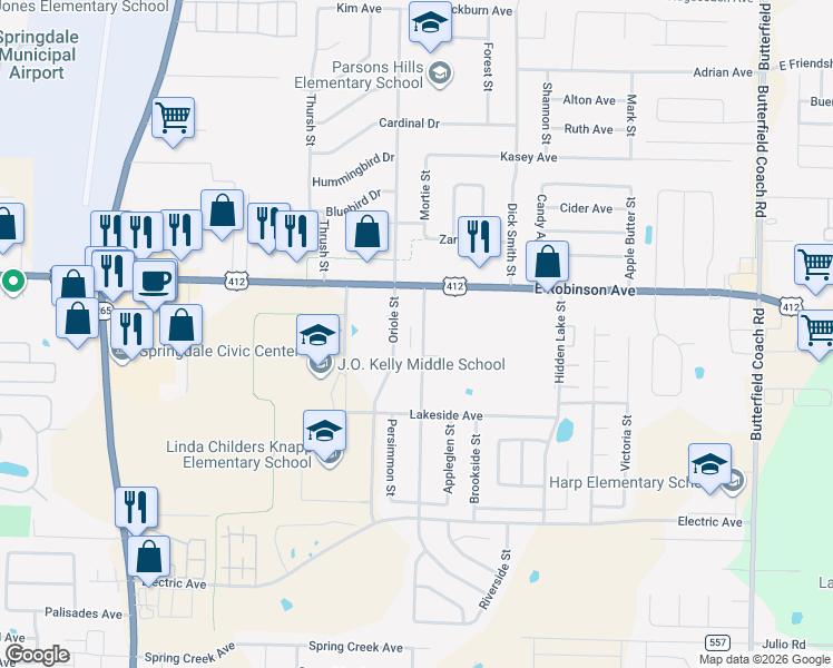 map of restaurants, bars, coffee shops, grocery stores, and more near 2158 Orchard Street in Springdale