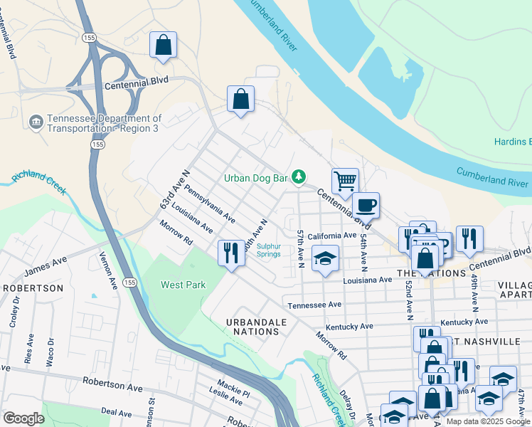 map of restaurants, bars, coffee shops, grocery stores, and more near 1501 60th Avenue North in Nashville