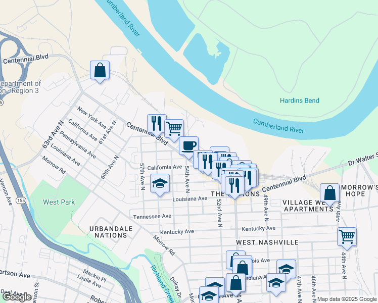 map of restaurants, bars, coffee shops, grocery stores, and more near 5320 Centennial Boulevard in Nashville