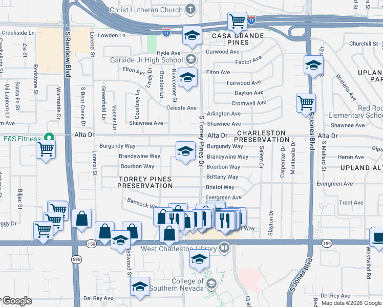 map of restaurants, bars, coffee shops, grocery stores, and more near 6424 Brandywine Way in Las Vegas