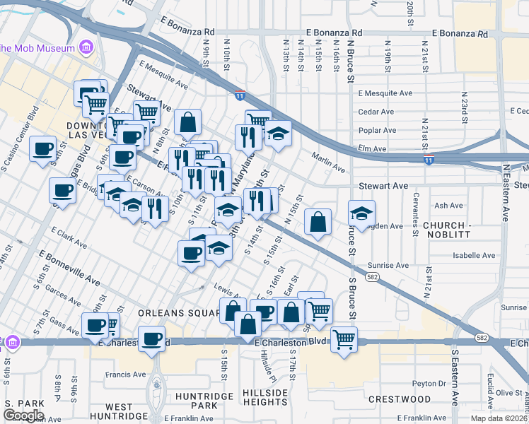 map of restaurants, bars, coffee shops, grocery stores, and more near 1308 East Fremont Street in Las Vegas