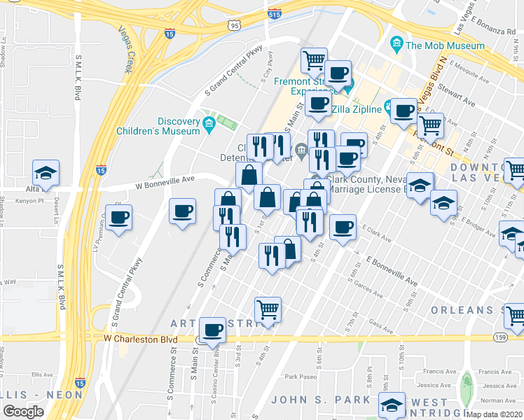 map of restaurants, bars, coffee shops, grocery stores, and more near in Las Vegas