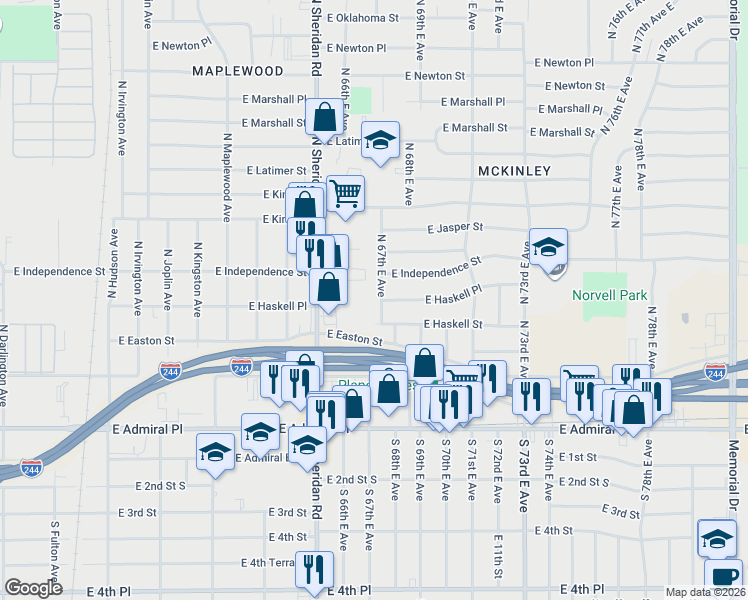 map of restaurants, bars, coffee shops, grocery stores, and more near 712 North 67th East Avenue in Tulsa