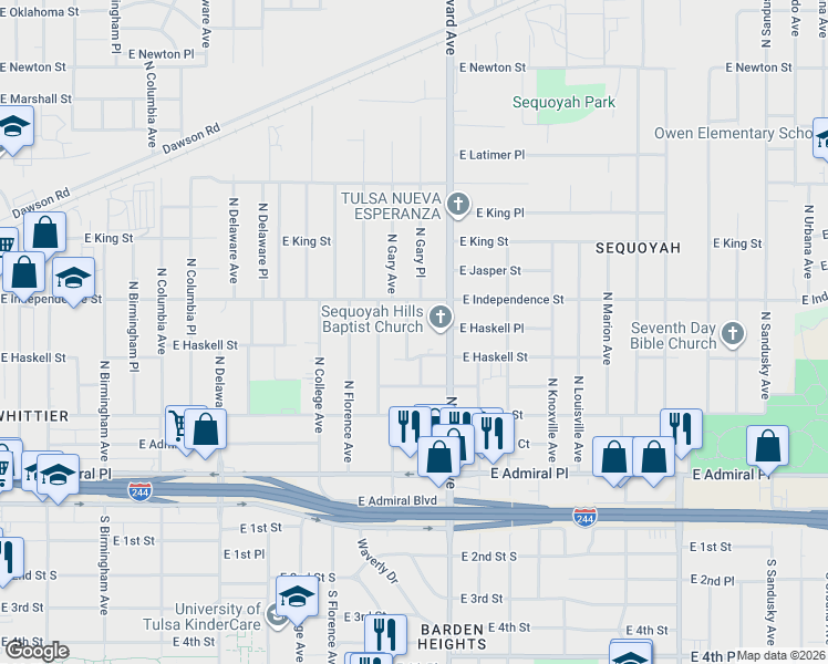 map of restaurants, bars, coffee shops, grocery stores, and more near 719 North Gary Place in Tulsa
