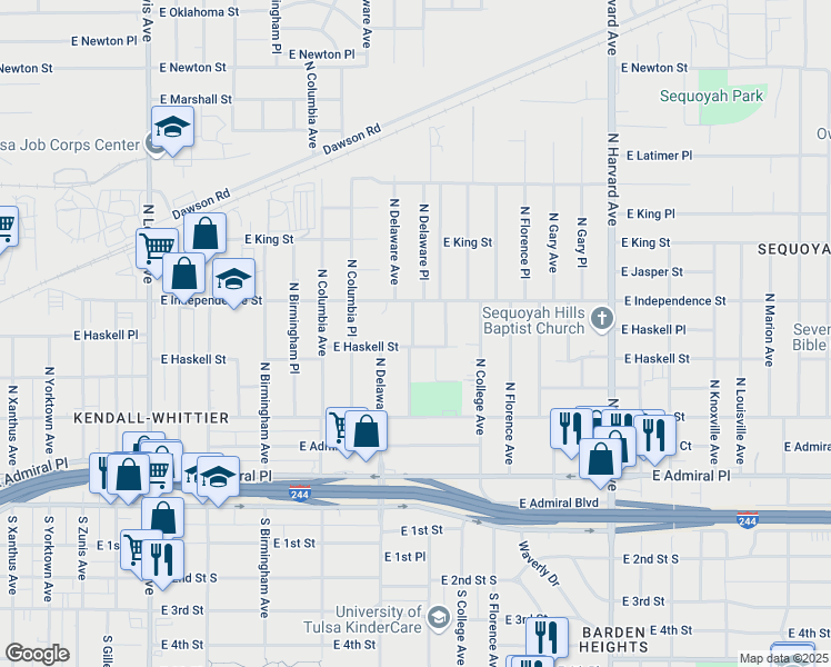 map of restaurants, bars, coffee shops, grocery stores, and more near 2835 East Haskell Street in Tulsa