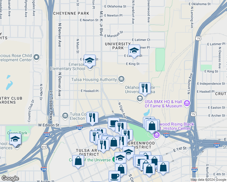 map of restaurants, bars, coffee shops, grocery stores, and more near in Tulsa