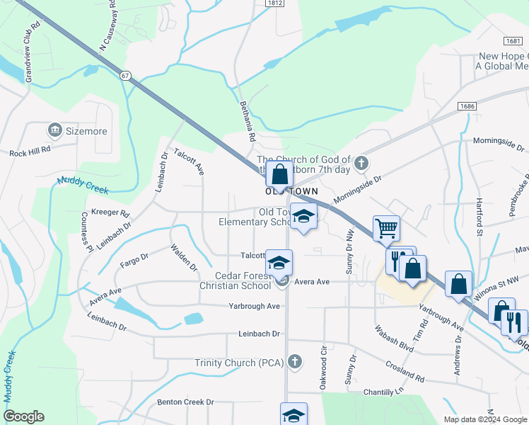 map of restaurants, bars, coffee shops, grocery stores, and more near 3910 Gracemont Drive Northwest in Winston-Salem