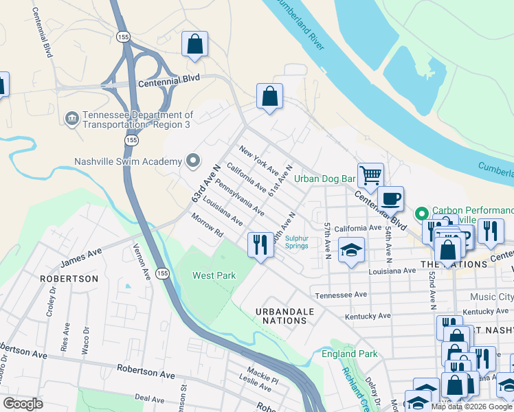 map of restaurants, bars, coffee shops, grocery stores, and more near 6107 Pennsylvania Avenue in Nashville