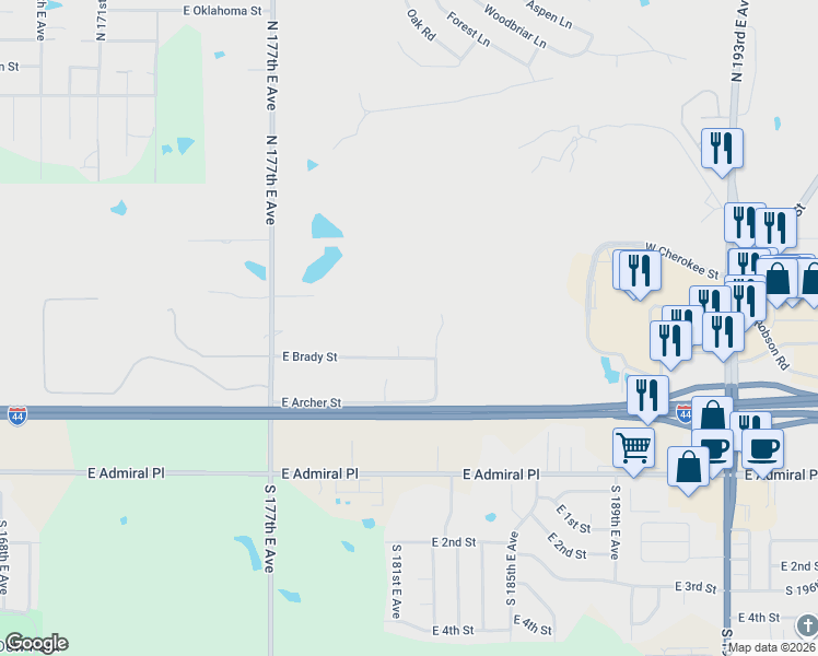 map of restaurants, bars, coffee shops, grocery stores, and more near 17837 East Brady in Catoosa