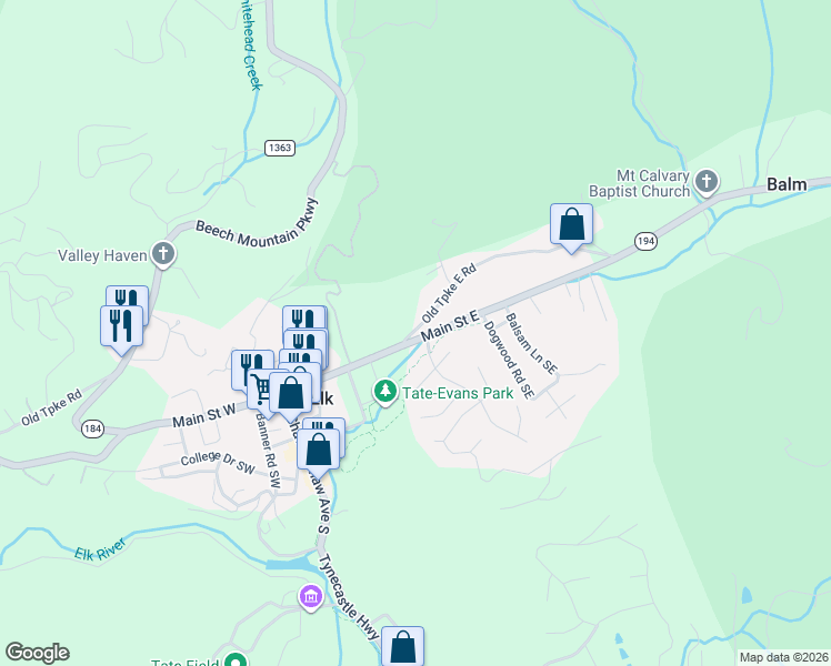 map of restaurants, bars, coffee shops, grocery stores, and more near 100 Old Turnpike Road in Banner Elk