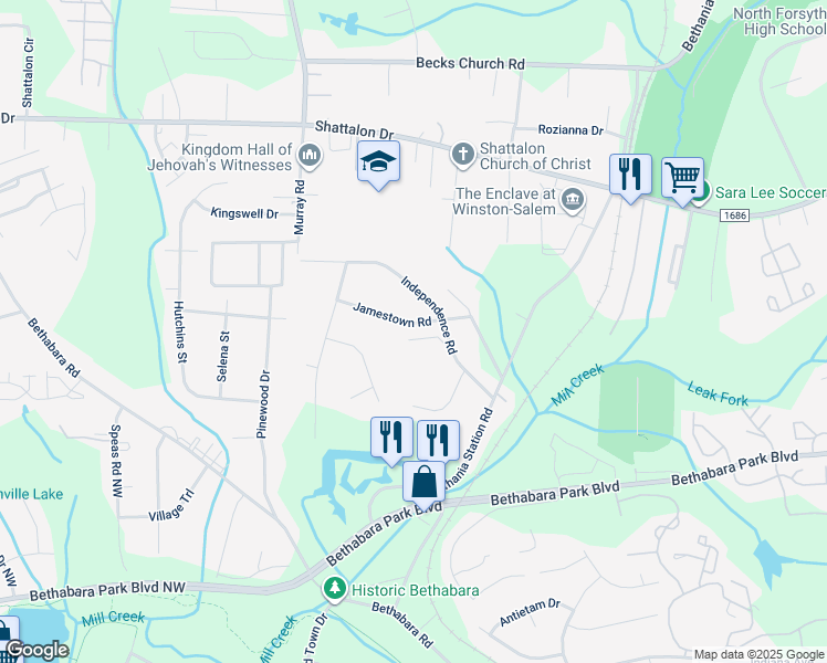 map of restaurants, bars, coffee shops, grocery stores, and more near 2120 Jamestown Road in Winston-Salem
