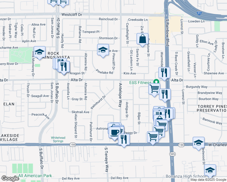 map of restaurants, bars, coffee shops, grocery stores, and more near 611 Palmhurst Drive in Las Vegas