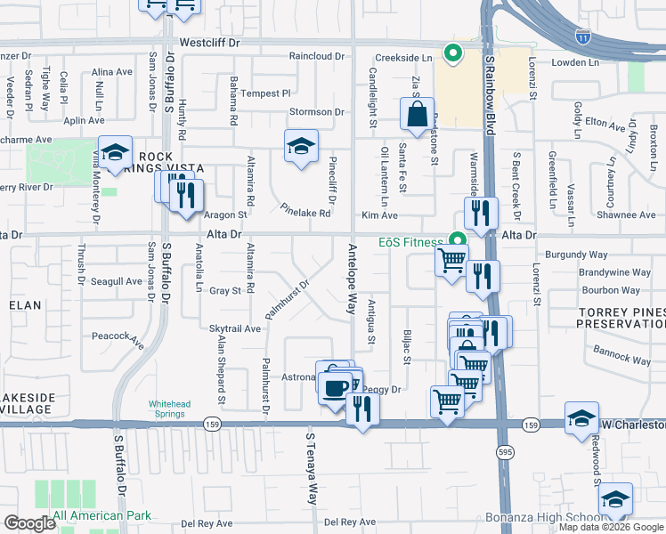 map of restaurants, bars, coffee shops, grocery stores, and more near 603 Palmhurst Drive in Las Vegas