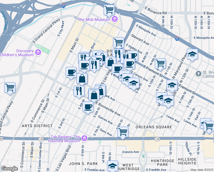 map of restaurants, bars, coffee shops, grocery stores, and more near 333 South Las Vegas Boulevard in Las Vegas