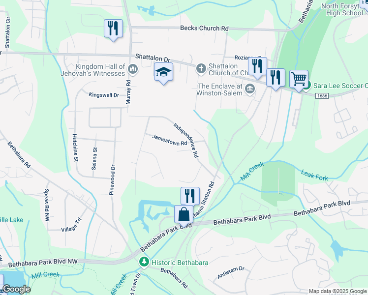map of restaurants, bars, coffee shops, grocery stores, and more near 2120 Jamestown Road in Winston-Salem