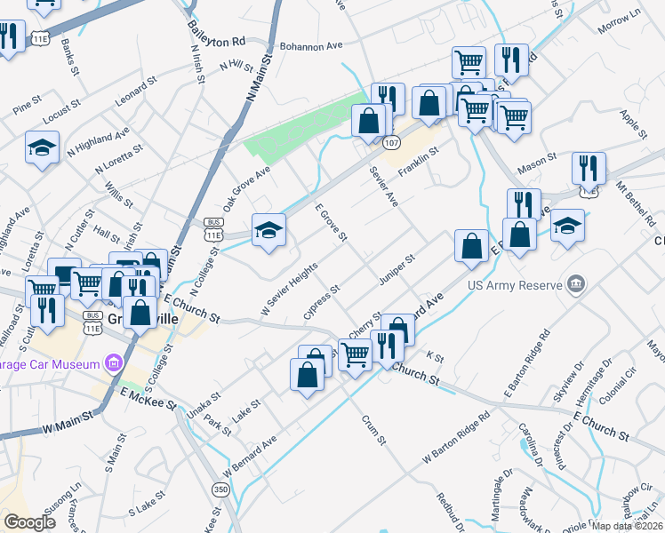 map of restaurants, bars, coffee shops, grocery stores, and more near 300 West Sevier Heights in Greeneville
