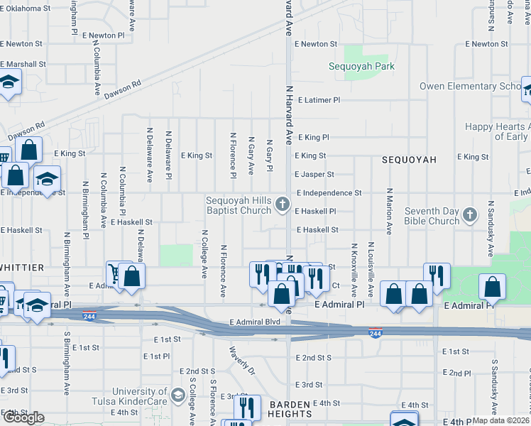 map of restaurants, bars, coffee shops, grocery stores, and more near 719 North Gary Place in Tulsa
