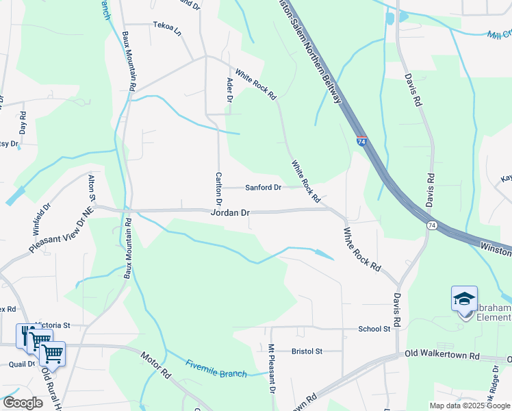 map of restaurants, bars, coffee shops, grocery stores, and more near 1629 Jordan Dr in Winston-Salem