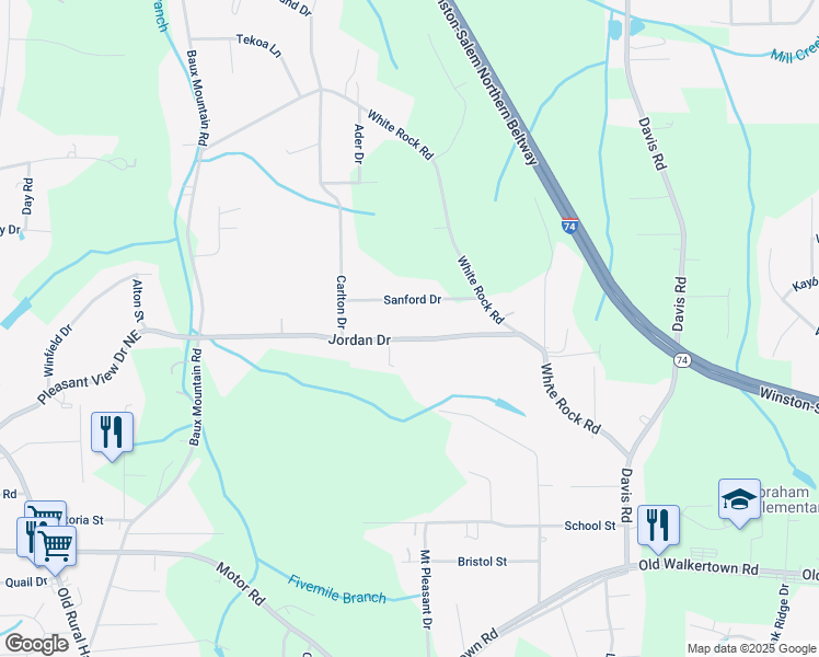 map of restaurants, bars, coffee shops, grocery stores, and more near 1629 Jordan Drive in Winston-Salem