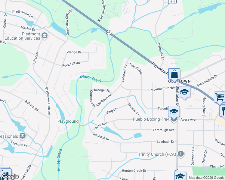 map of restaurants, bars, coffee shops, grocery stores, and more near 4911 Leinbach Drive in Winston-Salem
