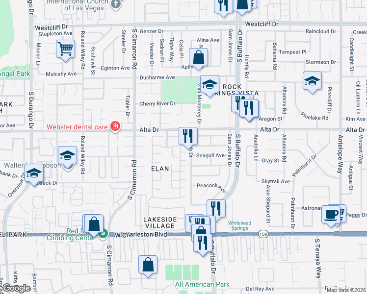 map of restaurants, bars, coffee shops, grocery stores, and more near 7803 Foxwood Place in Las Vegas