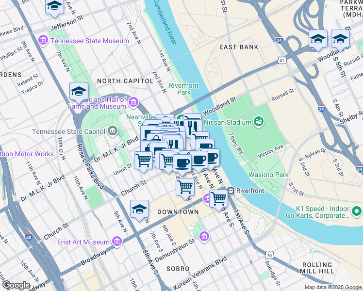map of restaurants, bars, coffee shops, grocery stores, and more near 226 3rd Avenue North in Nashville