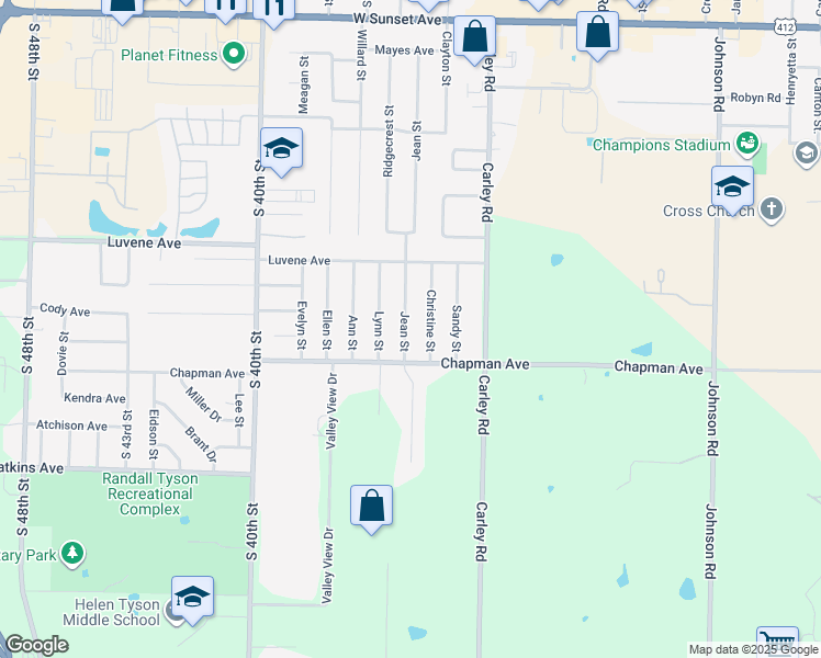 map of restaurants, bars, coffee shops, grocery stores, and more near 2301 Jean Street in Springdale