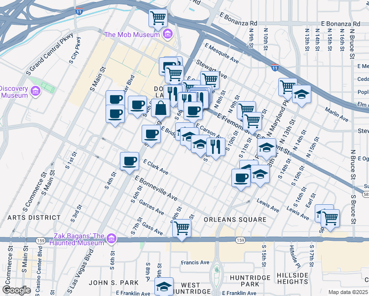 map of restaurants, bars, coffee shops, grocery stores, and more near 315 South 7th Street in Las Vegas