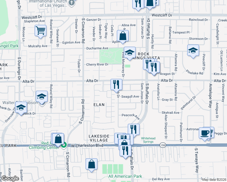 map of restaurants, bars, coffee shops, grocery stores, and more near 7803 Foxwood Place in Las Vegas