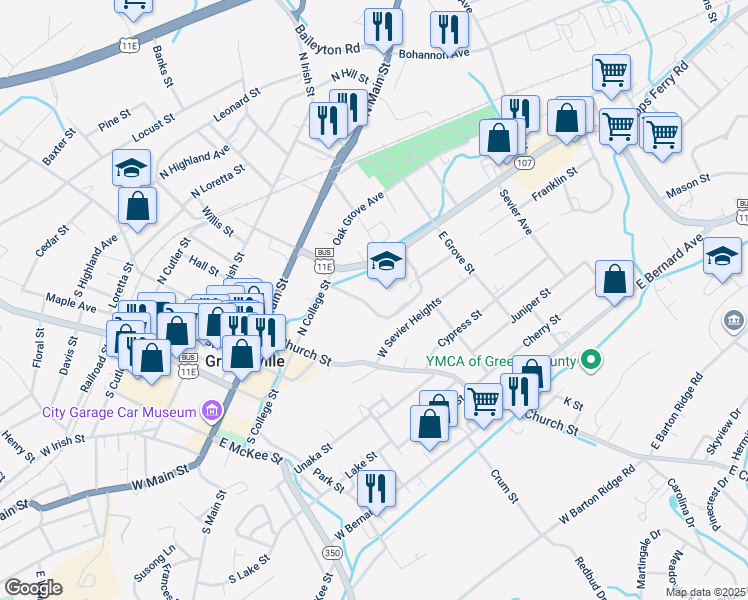 map of restaurants, bars, coffee shops, grocery stores, and more near 210 Tusculum Boulevard in Greeneville