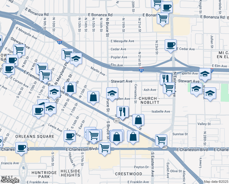 map of restaurants, bars, coffee shops, grocery stores, and more near 217 North 18th Street in Las Vegas