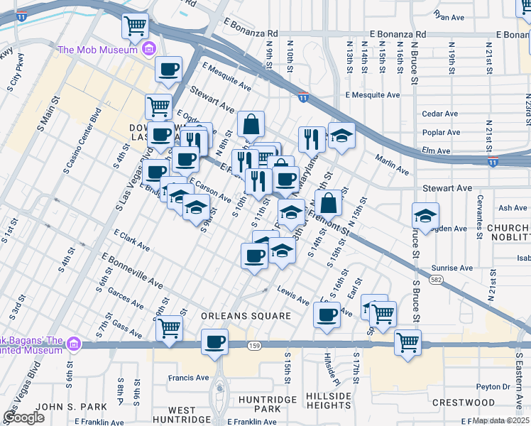 map of restaurants, bars, coffee shops, grocery stores, and more near 129 South 11th Street in Las Vegas
