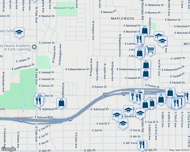 map of restaurants, bars, coffee shops, grocery stores, and more near 5711 East Haskell Place in Tulsa