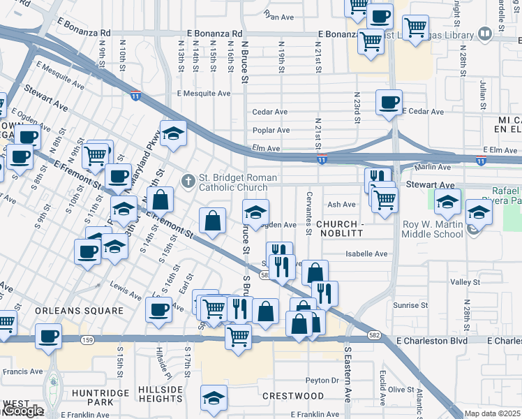 map of restaurants, bars, coffee shops, grocery stores, and more near 217 North 18th Street in Las Vegas