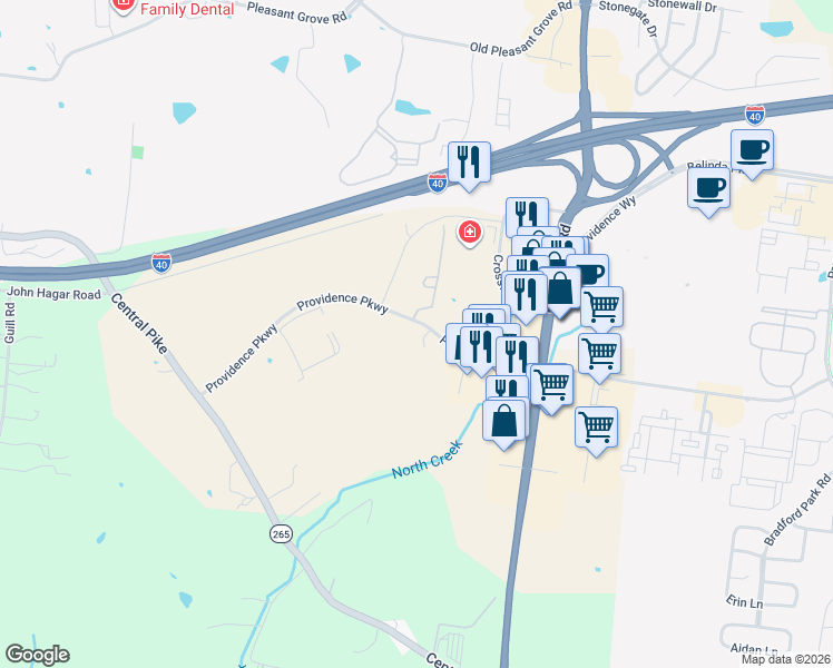 map of restaurants, bars, coffee shops, grocery stores, and more near 1001 Providence Parkway in Mt. Juliet