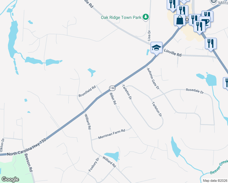 map of restaurants, bars, coffee shops, grocery stores, and more near 5918 Billet Road in Oak Ridge