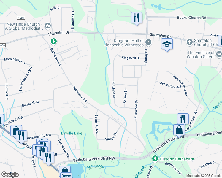 map of restaurants, bars, coffee shops, grocery stores, and more near 5040 Hutchins Street in Winston-Salem