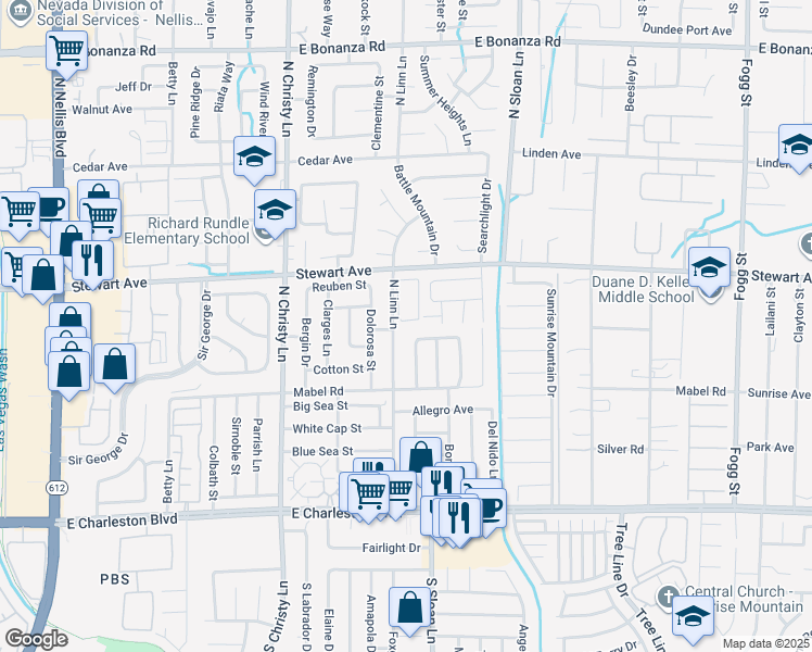 map of restaurants, bars, coffee shops, grocery stores, and more near 282 North Linn Lane in Las Vegas