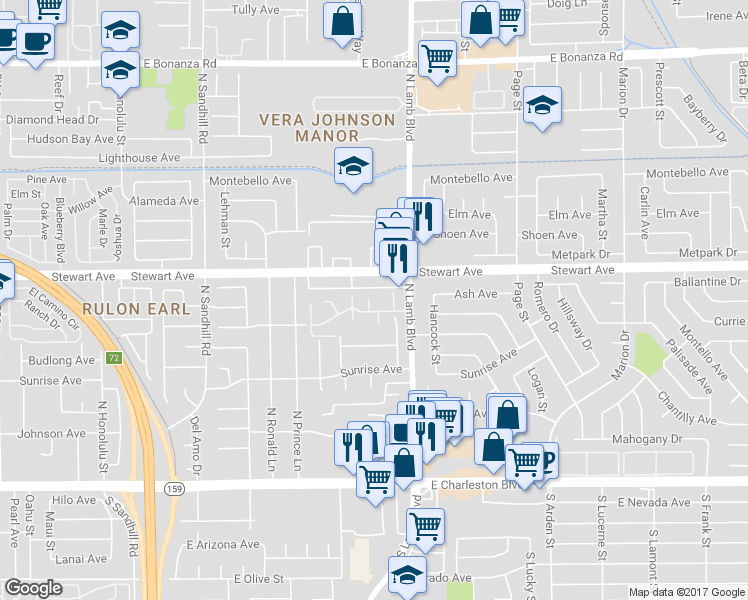 map of restaurants, bars, coffee shops, grocery stores, and more near 257 North Lamb Boulevard in Las Vegas