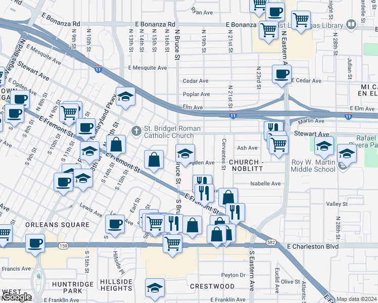 map of restaurants, bars, coffee shops, grocery stores, and more near 208 North 18th Street in Las Vegas