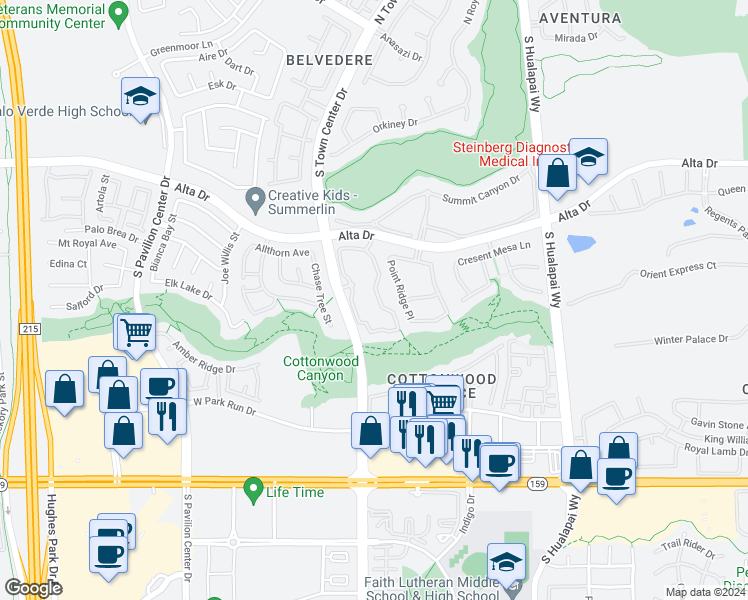 map of restaurants, bars, coffee shops, grocery stores, and more near 657 South Town Center Drive in Las Vegas