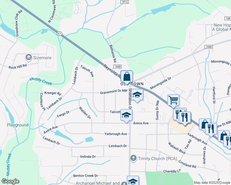 map of restaurants, bars, coffee shops, grocery stores, and more near 3910 Gracemont Drive Northwest in Winston-Salem