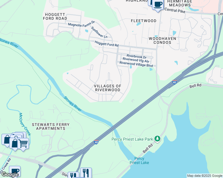 map of restaurants, bars, coffee shops, grocery stores, and more near 2124 River Overlook Drive in Nashville