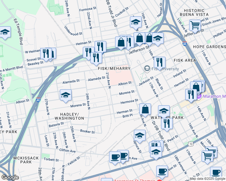 map of restaurants, bars, coffee shops, grocery stores, and more near 1912 Morena Street in Nashville