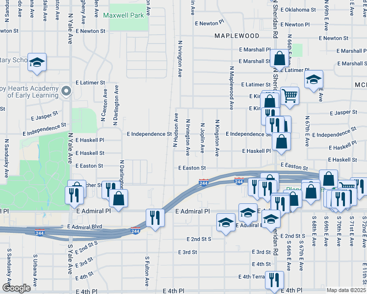 map of restaurants, bars, coffee shops, grocery stores, and more near 5711 East Haskell Place in Tulsa