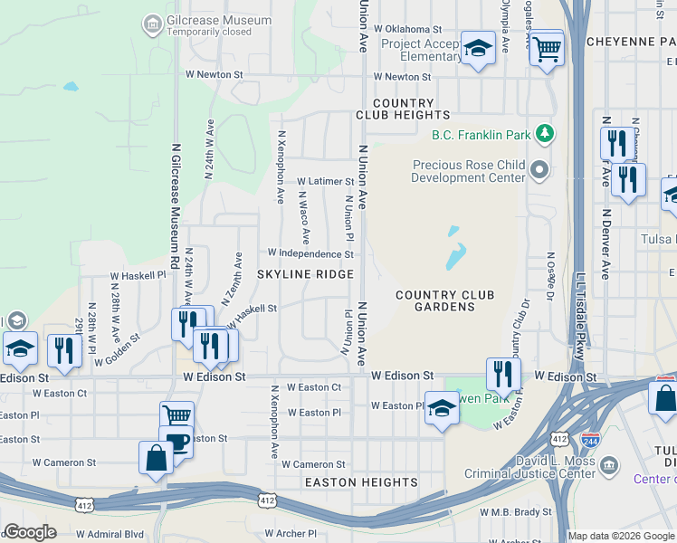 map of restaurants, bars, coffee shops, grocery stores, and more near 1724 West Haskell Place in Tulsa
