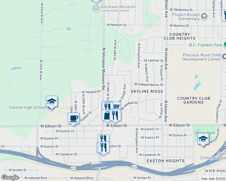 map of restaurants, bars, coffee shops, grocery stores, and more near 715 North 23rd West Avenue in Tulsa
