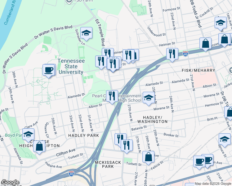map of restaurants, bars, coffee shops, grocery stores, and more near 1002 28th Avenue North in Nashville