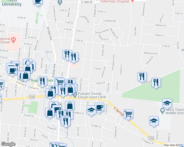 map of restaurants, bars, coffee shops, grocery stores, and more near 217 North Maple Avenue in Cookeville